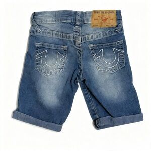 True Religion Boys Denim Shorts Size 5 Adjustable Waist Blue Jean Logo Stitching